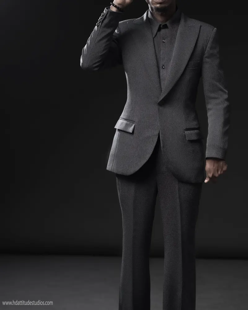 Tight torso crop of the same grey suit look